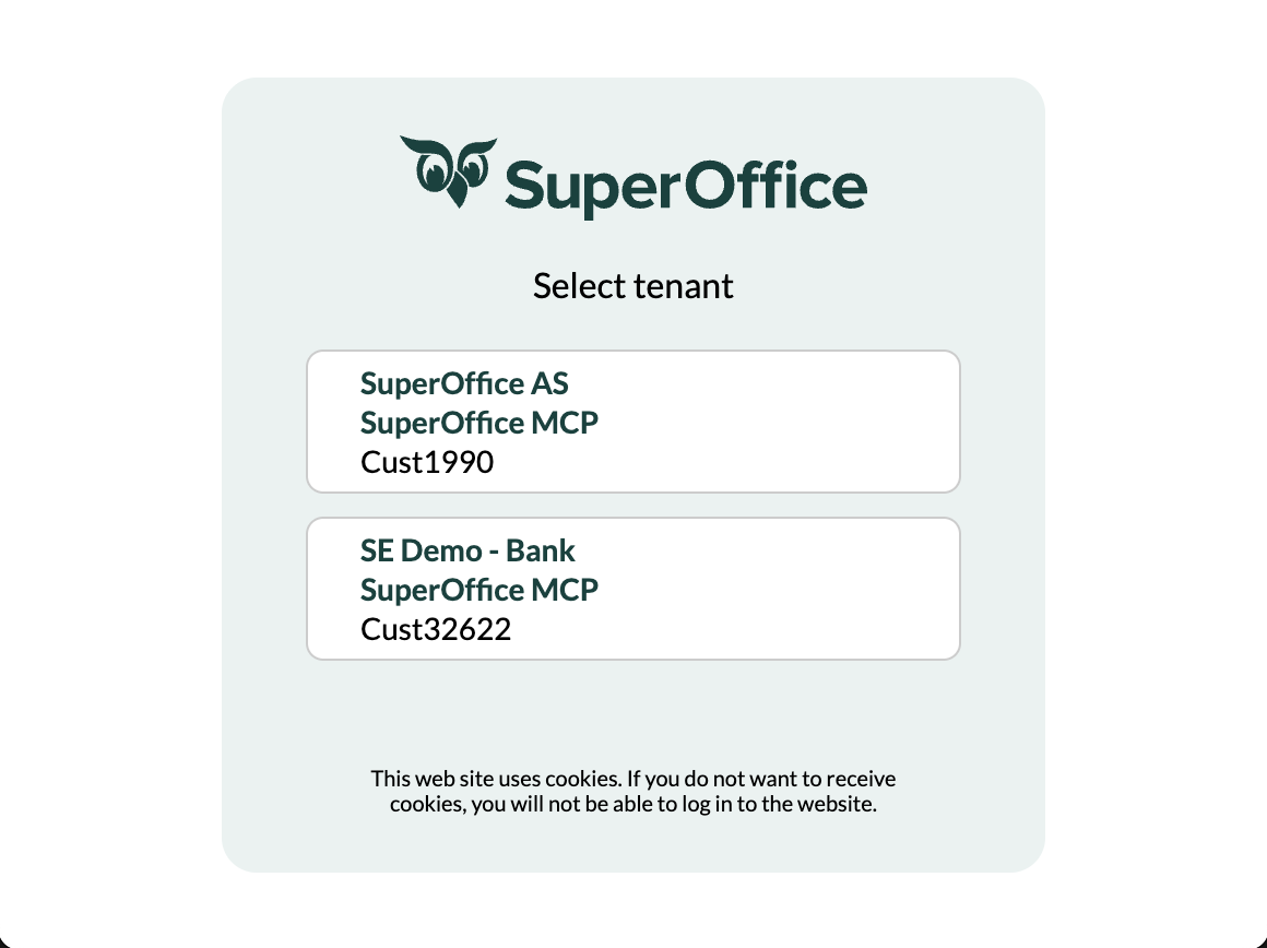 SuperOffice login — credentials entry