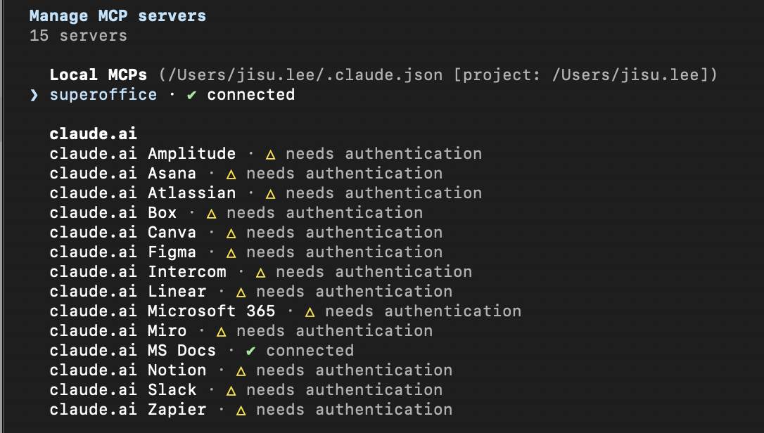 Claude Code — /mcp command showing SuperOffice server