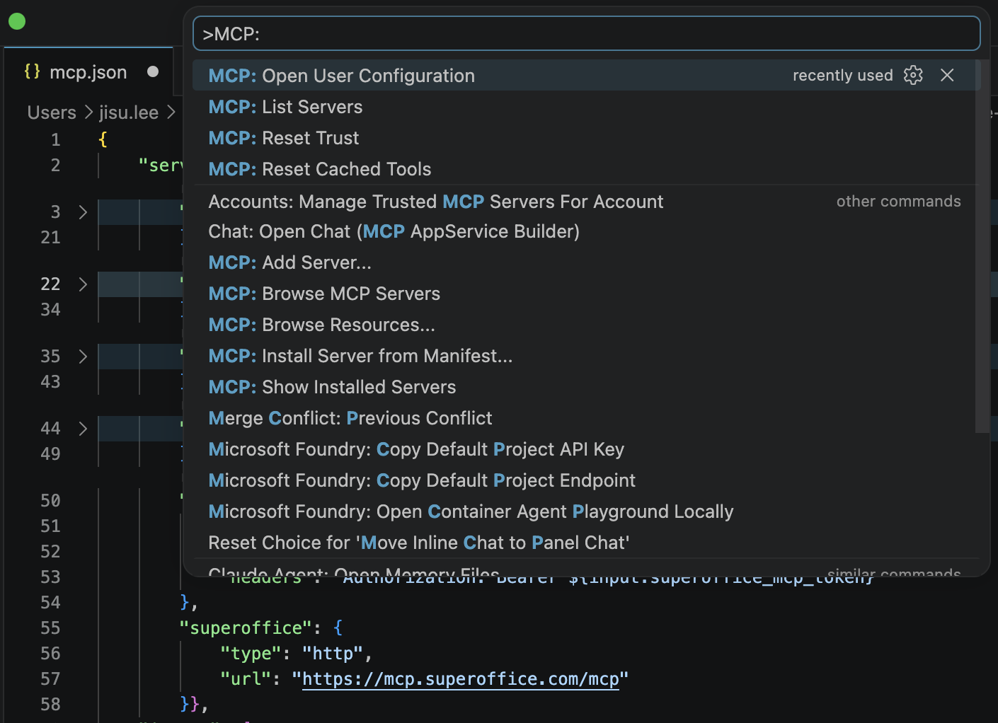 VS Code — MCP: Open User Configuration in Command Palette