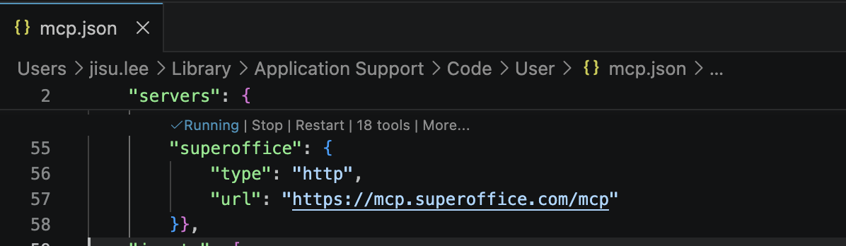 VS Code — Running button to start the MCP server