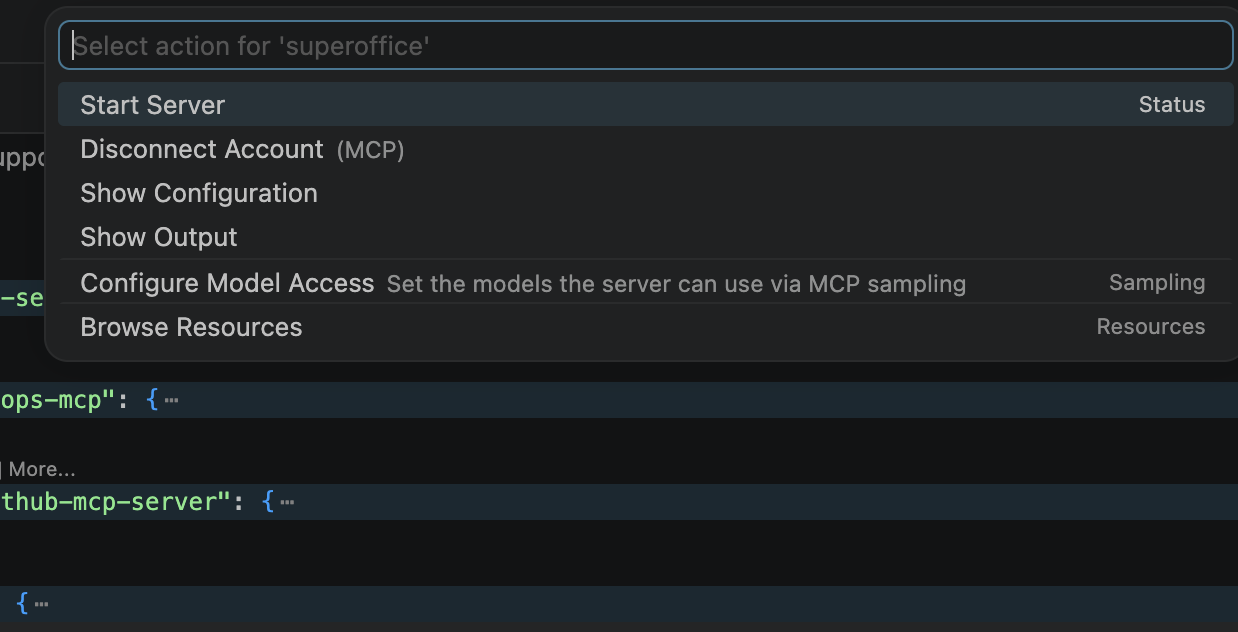 VS Code — MCP: List Servers showing SuperOffice