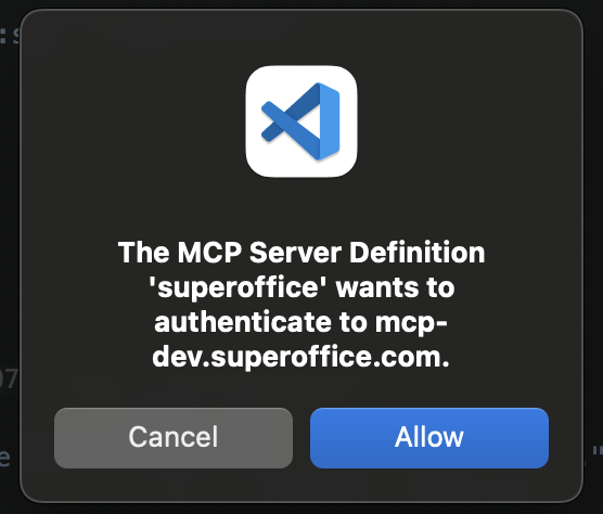 VS Code — SuperOffice authentication prompt