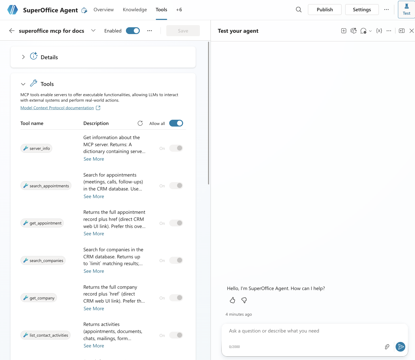 Copilot Studio — SuperOffice tool added to tools list