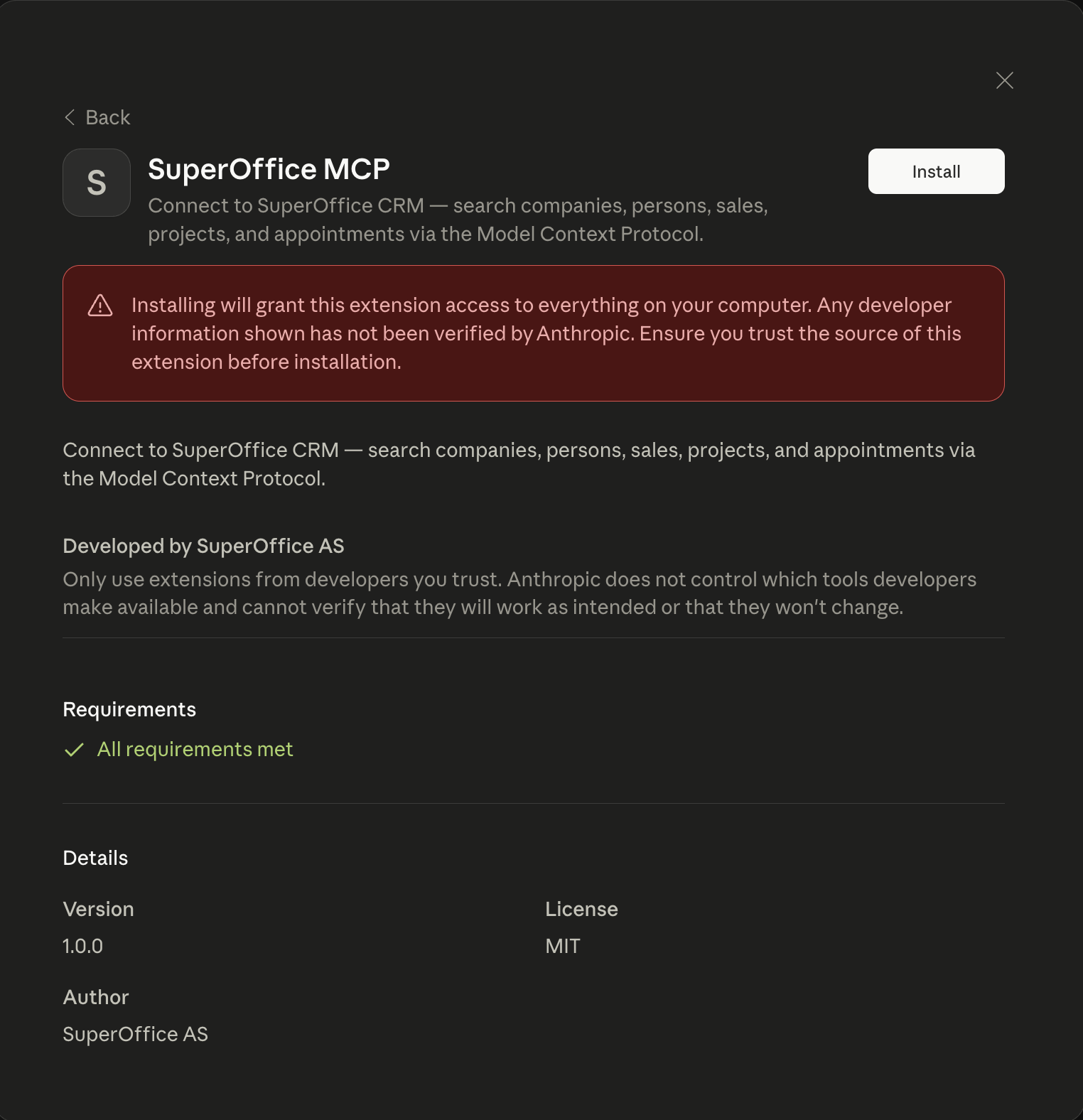Claude Desktop — Install extension dialog