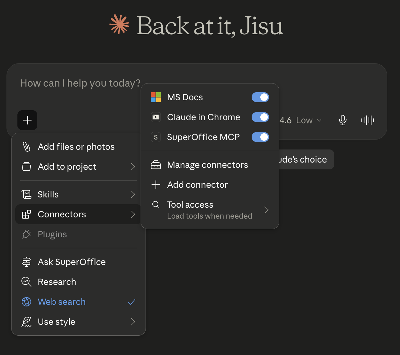 Claude Desktop — SuperOffice connector enabled