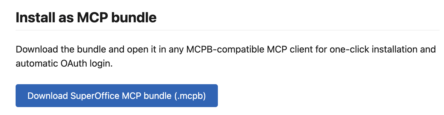 SuperOffice MCP Server landing page with download bundle link